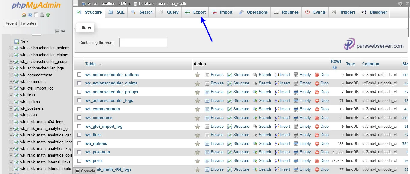 اکسپورت کردن پایگاه داده 