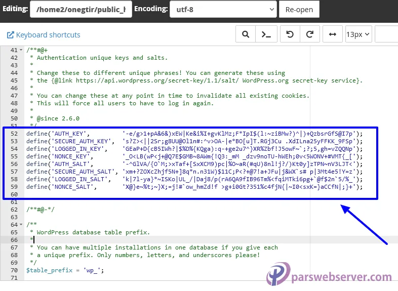 محل اضافه کردن کدهای امنیتی وردپرس در فایل wp-config