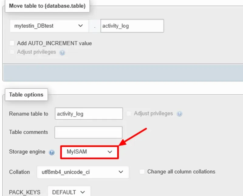 Operation tab for table