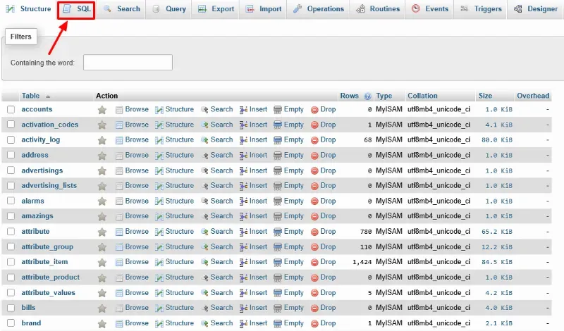 SQL tab