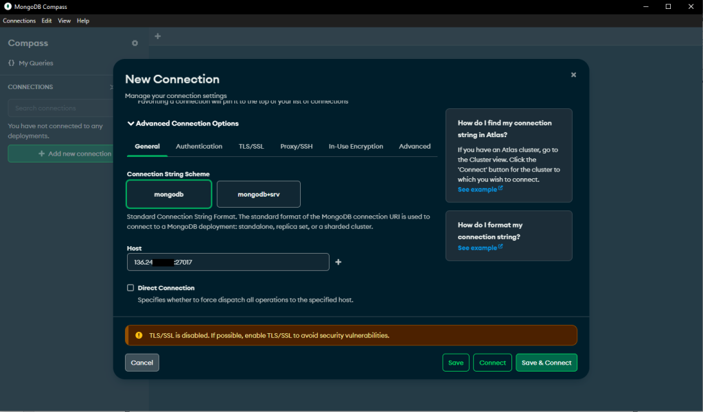 وارد کردن مشخصات در mongodb compass